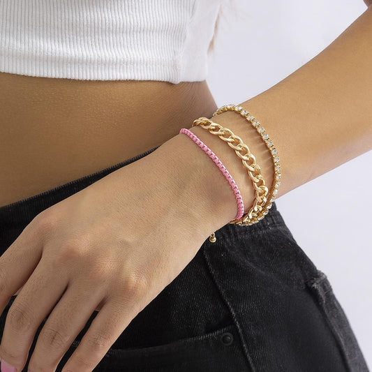 Jewelry stacked sweet cool full diamond hollow set bracelet female creative pink chain metal bracelet