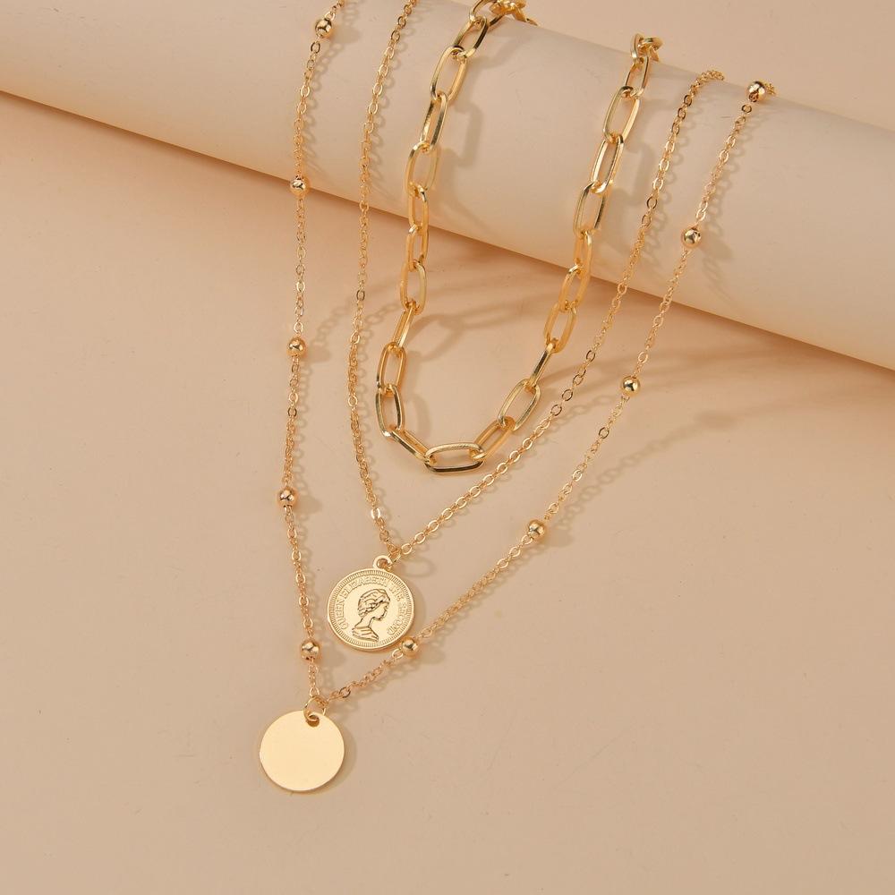 Fashion Round Alloy Queen Head Necklace Simple Multi-Layer Clavicle Chain Necklace Accessories