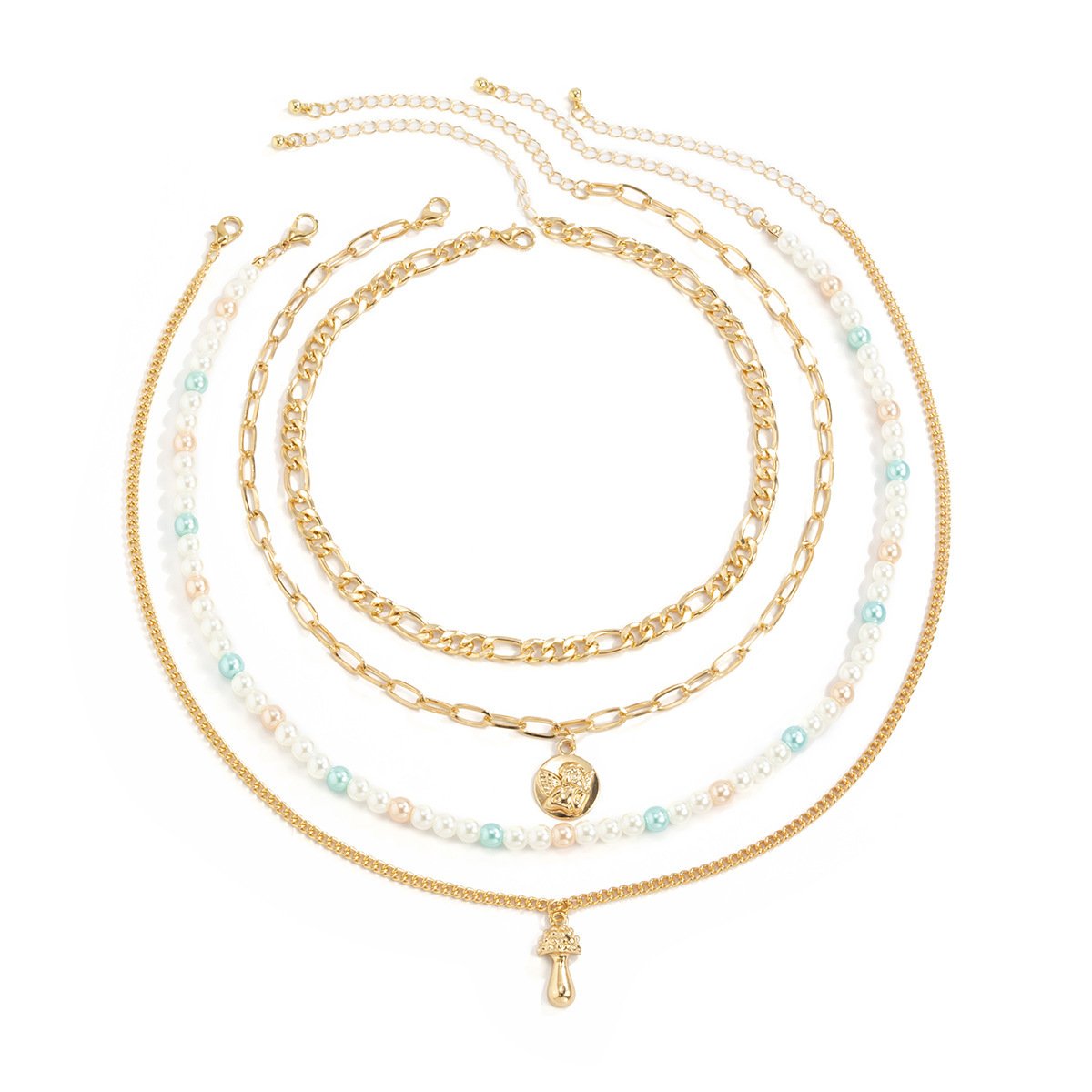 Rococo colorful imitation pearl clavicle necklace sweet and cool three-dimensional small mushroom metal portrait necklace