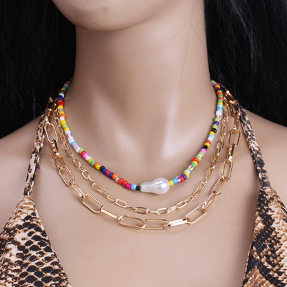 Jewelry ins heterosexual pearl clavicle chain multi-layer combination stacked color millet bead necklace female