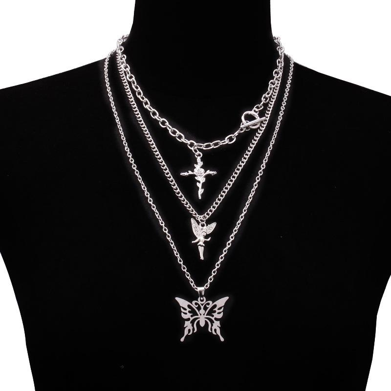 Hip-hop cross chain chain trendy street metal fashion design butterfly pendant clavicle chain multi-piece necklace