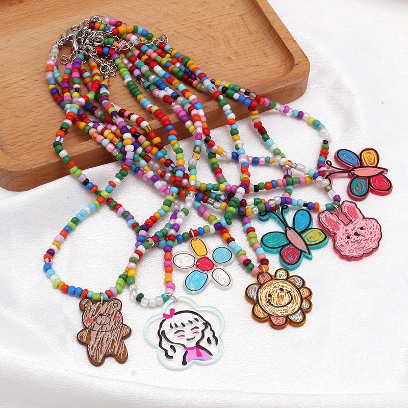 Colorful Beaded Necklace Cartoon Cute Niche Colorful Beaded Necklace Girl Heart Clavicle Chain Short Pendant