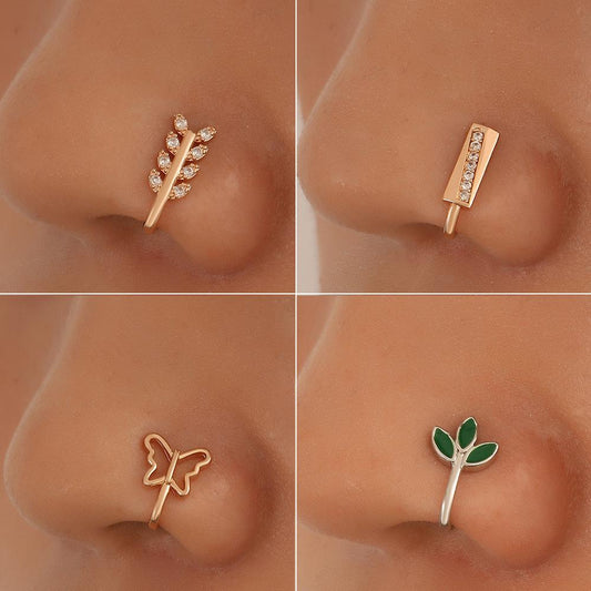 Piercing-free nose clip nose ring copper inlaid zircon U-shaped leaf butterfly nose nail piercing jewelry