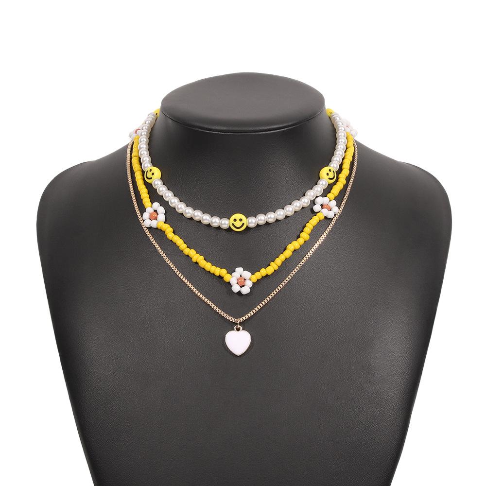 N9524 Bohemian Ethnic Necklace Rice Bead Flower Smile Face Creative Necklace Fashion Simple Necklace