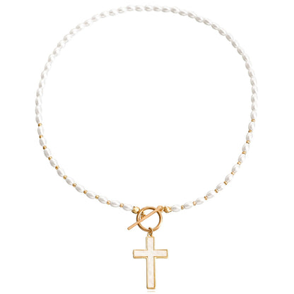 Jewelry ins cross imitation pearl necklace collarbone chain women's sweater chain trendy new Chinese necklace