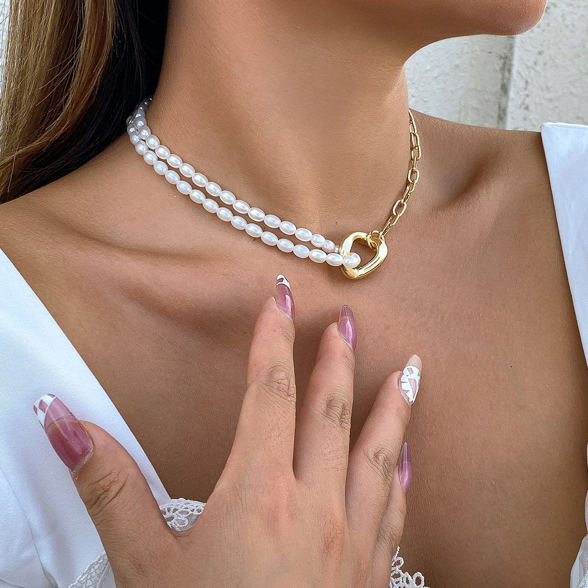 Jewelry Temperament Simple Rice Grain Pearl Clavicle Necklace Hip Hop Retro Metal Buckle Chain Necklace
