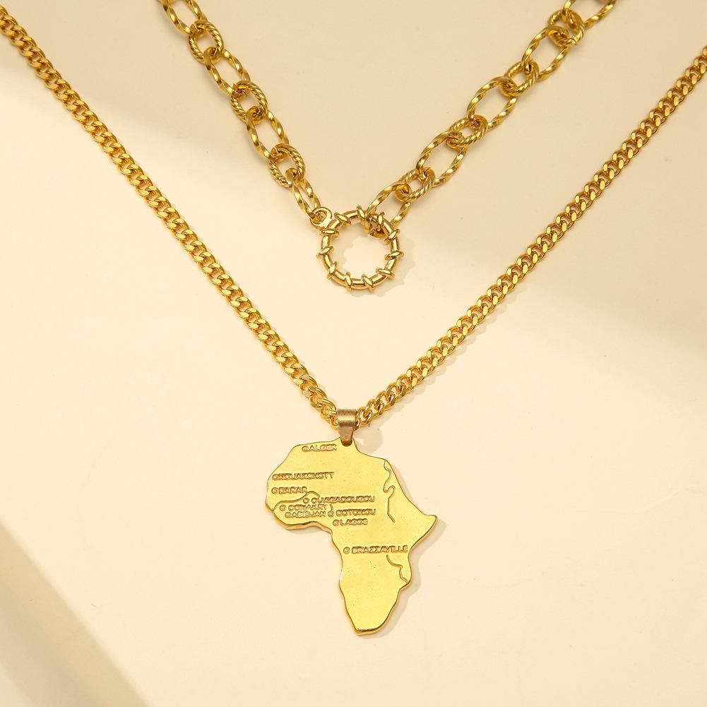 Titanium Steel Gold Plated Africa Map Hip Hop Pendant Trend Circle Stainless Steel Double Layer Necklace