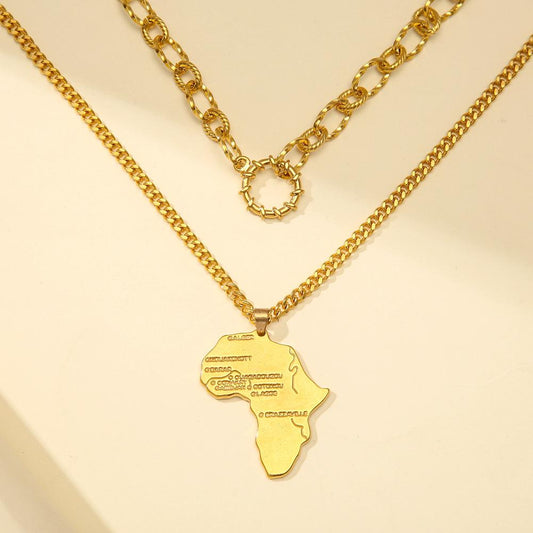 Titanium Steel Gold Plated Africa Map Hip Hop Pendant Trend Circle Stainless Steel Double Layer Necklace