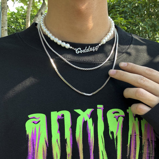 Jewelry Fashion Pearl Chain Men's Necklace Trendy Hip Hop Personality Metal Letter Necklace Set