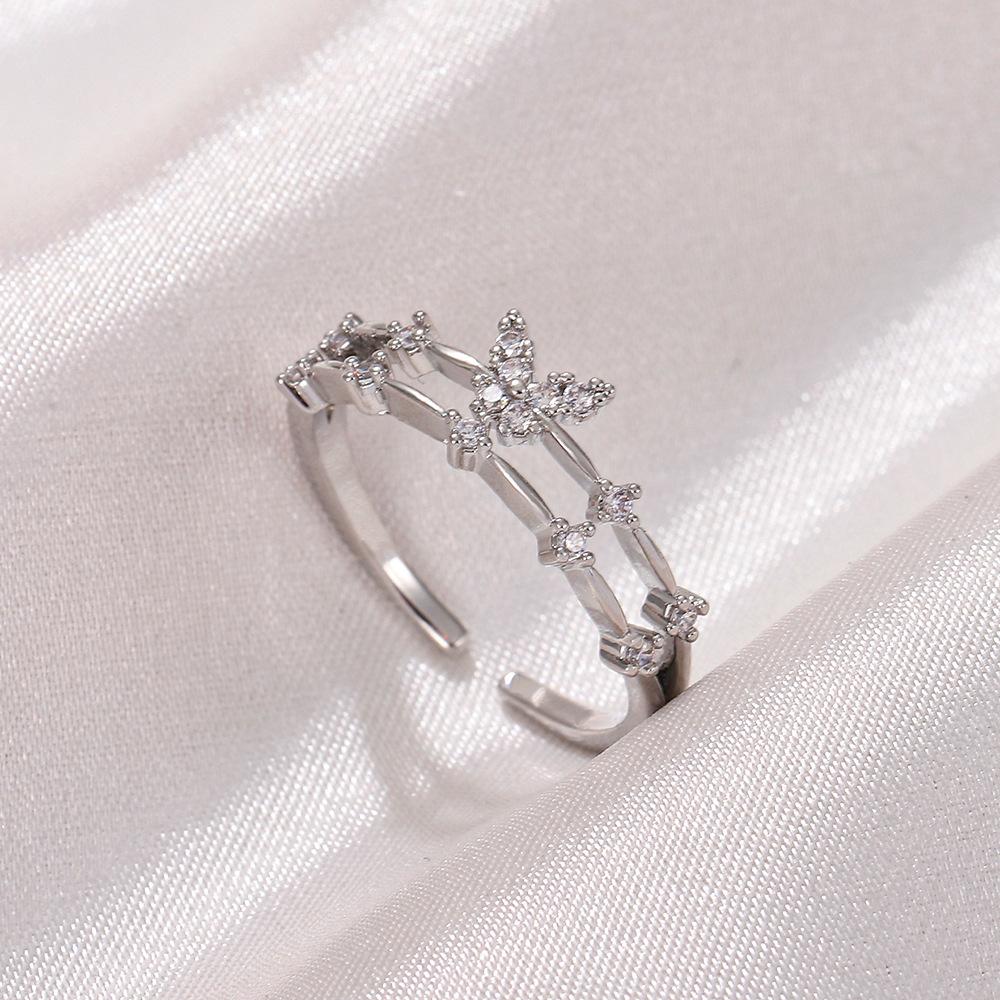 ins simple butterfly ring female fashion temperament micro-inlaid zircon double-layer metal geometric opening index finger ring