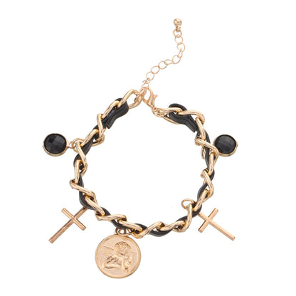 Jewelry multi-element cross angel disc gemstone bracelet women's thick chain leather personality bracelet