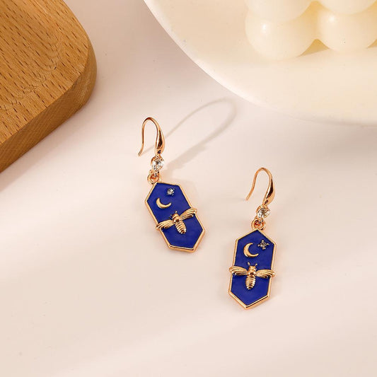 Niche Design Sense Fashion Advanced Personality Blue Oil Drop Geometric Moon Bee Earrings Ear Jewelry Female
