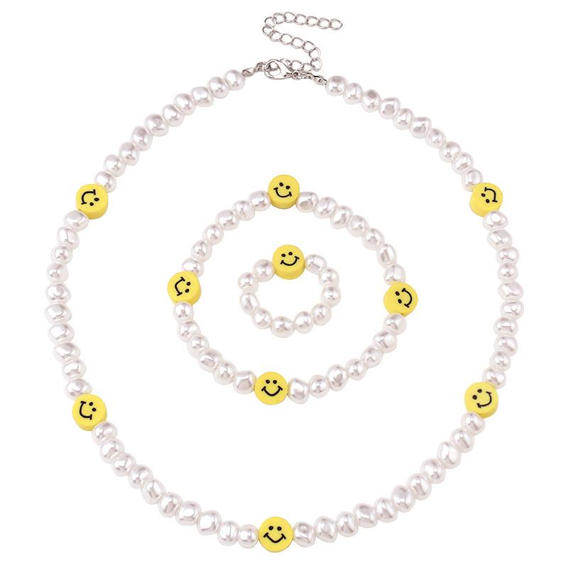 Jewelry ins pearl soft pottery smiling face beaded 42cm necklace stretchable elastic rope bracelet ring