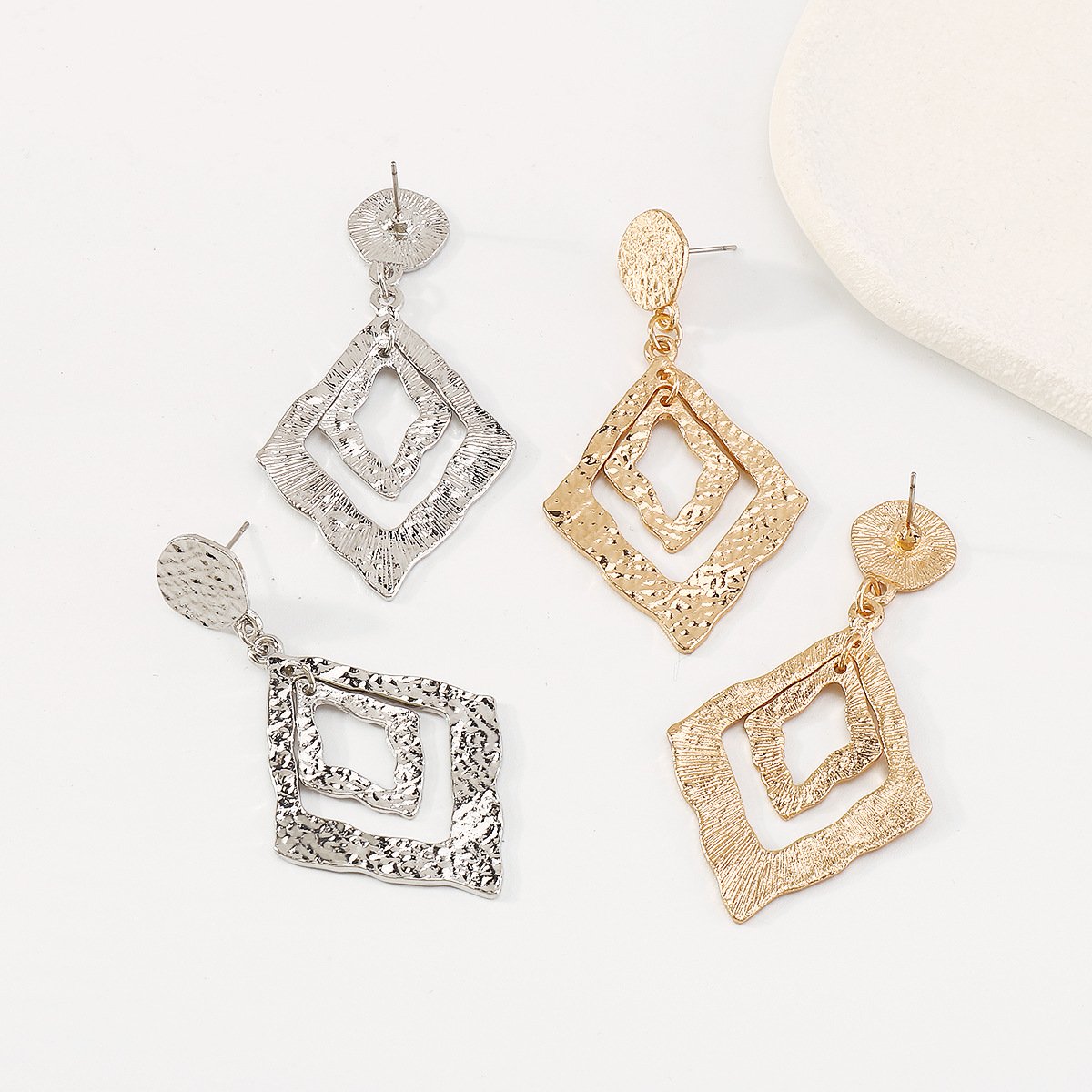 E1763 Jewelry double-layer rhombus metal geometric earrings personality hollow retro earrings