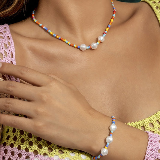 Jewelry baroque special-shaped imitation pearl necklace set color rice beads beaded geometric necklace female