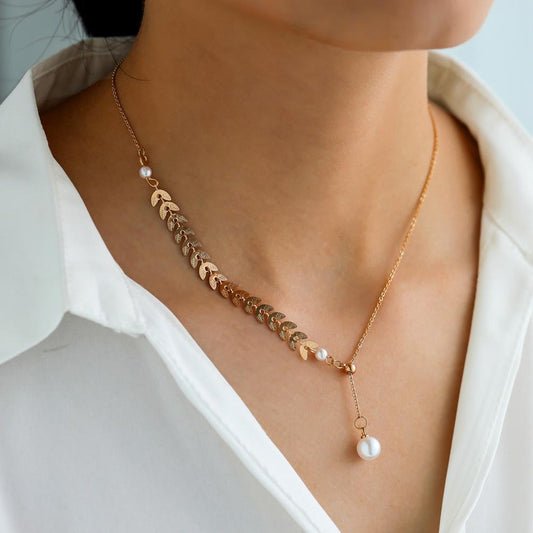 Ins simple temperament wheat ear necklace exquisite niche pearl super fairy pendant personality adjustable trend clavicle chain