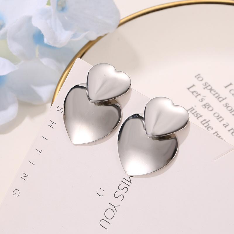 Fashion simple mirror love earrings female cold exaggerated metal sweet double heart earrings earrings