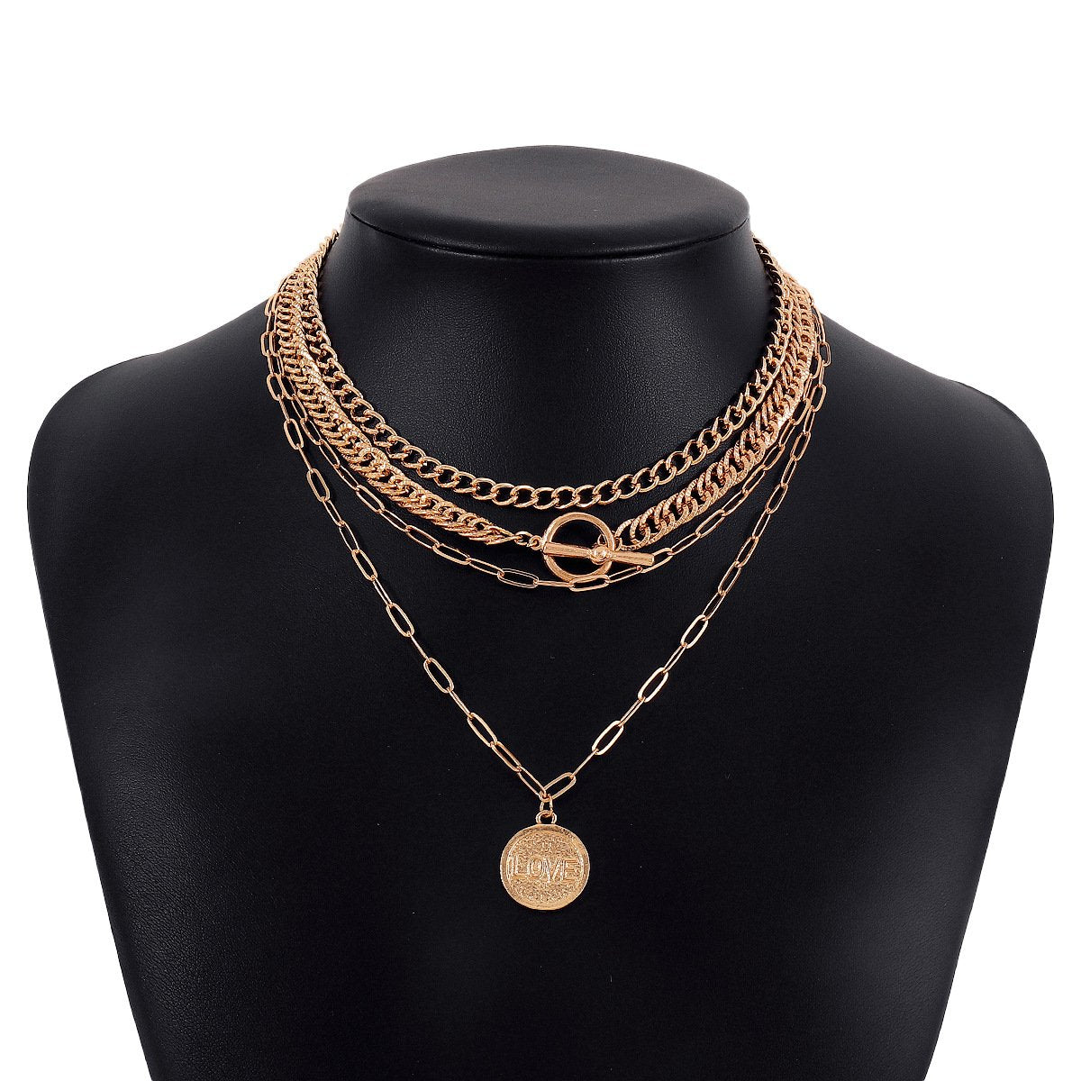 N1421 Jewelry Retro Exaggerated Multi-Layered Wearing Necklace LOVE Disc OT Buckle Chain Necklace