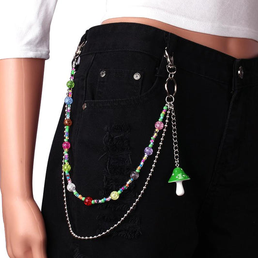 Butterfly pants chain jeans with pearl accessories double chain bouncy disco punk