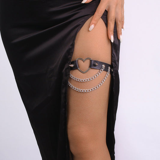 C337 Dark Exaggerated Leg Ring Leather Heart Chain Rivet Geometric Harajuku Leg Chain Ankle Ring Female