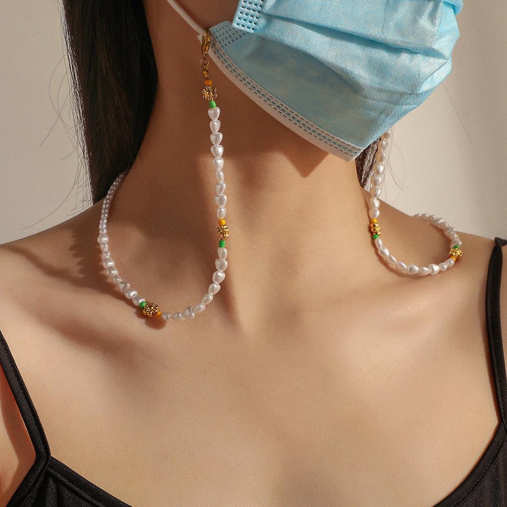 Fashion heart-shaped pearl glasses chain retro flower beaded color matching mask chain temperament love necklace