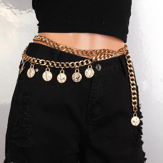 Explosive retro coin pendant tassel waist chain feminine double beauty head embossed body chain