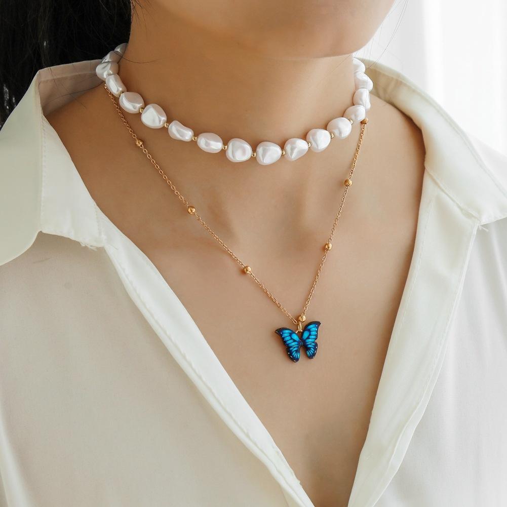 Niche Super Fairy Blue Butterfly Pendant Versatile Temperament Special Shaped Pearl Necklace Fashion Double Stacked Necklace