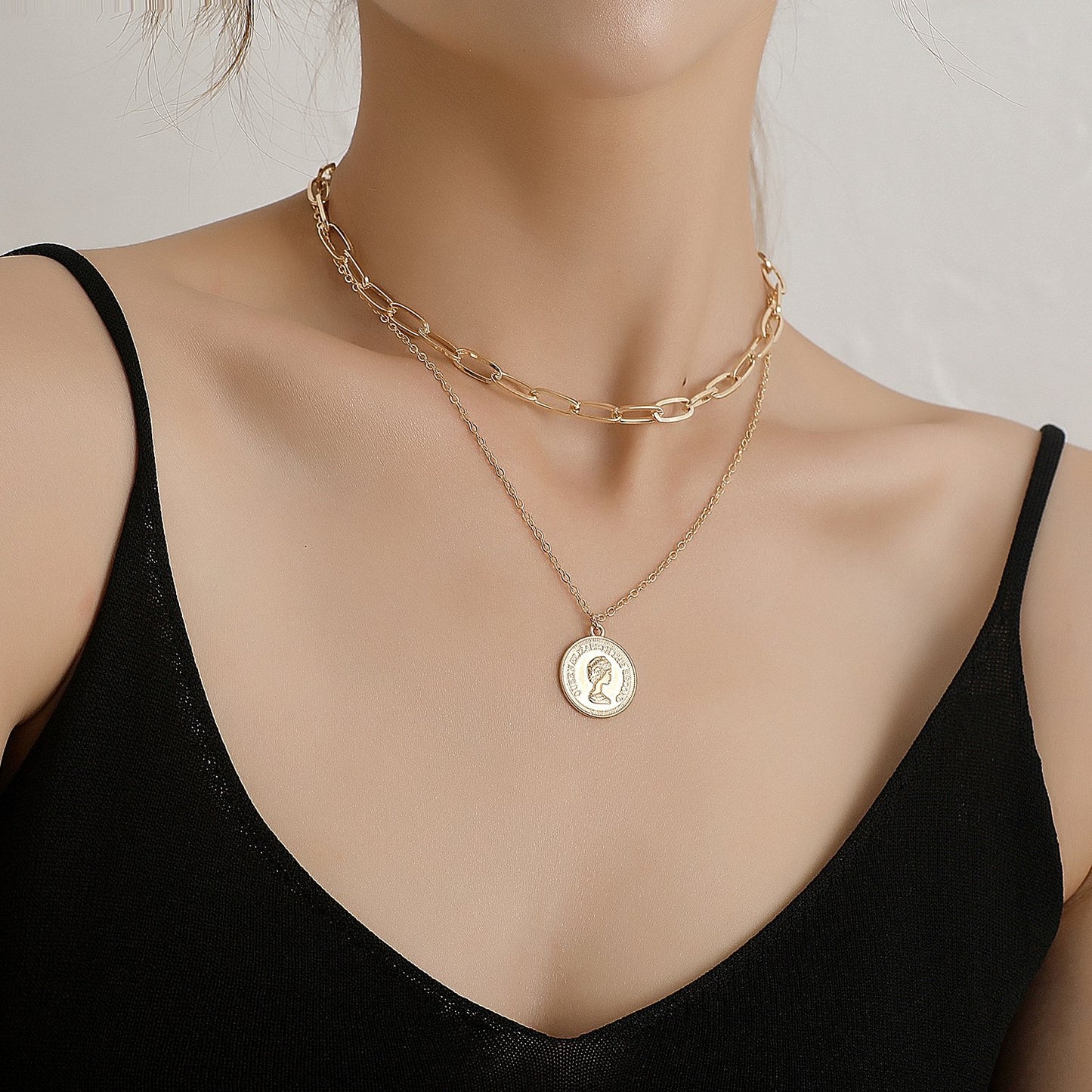 Jewelry Fashion Geometric Chain Double Layer Necklace Female Punk Street Beauty Avatar Round Card Necklace