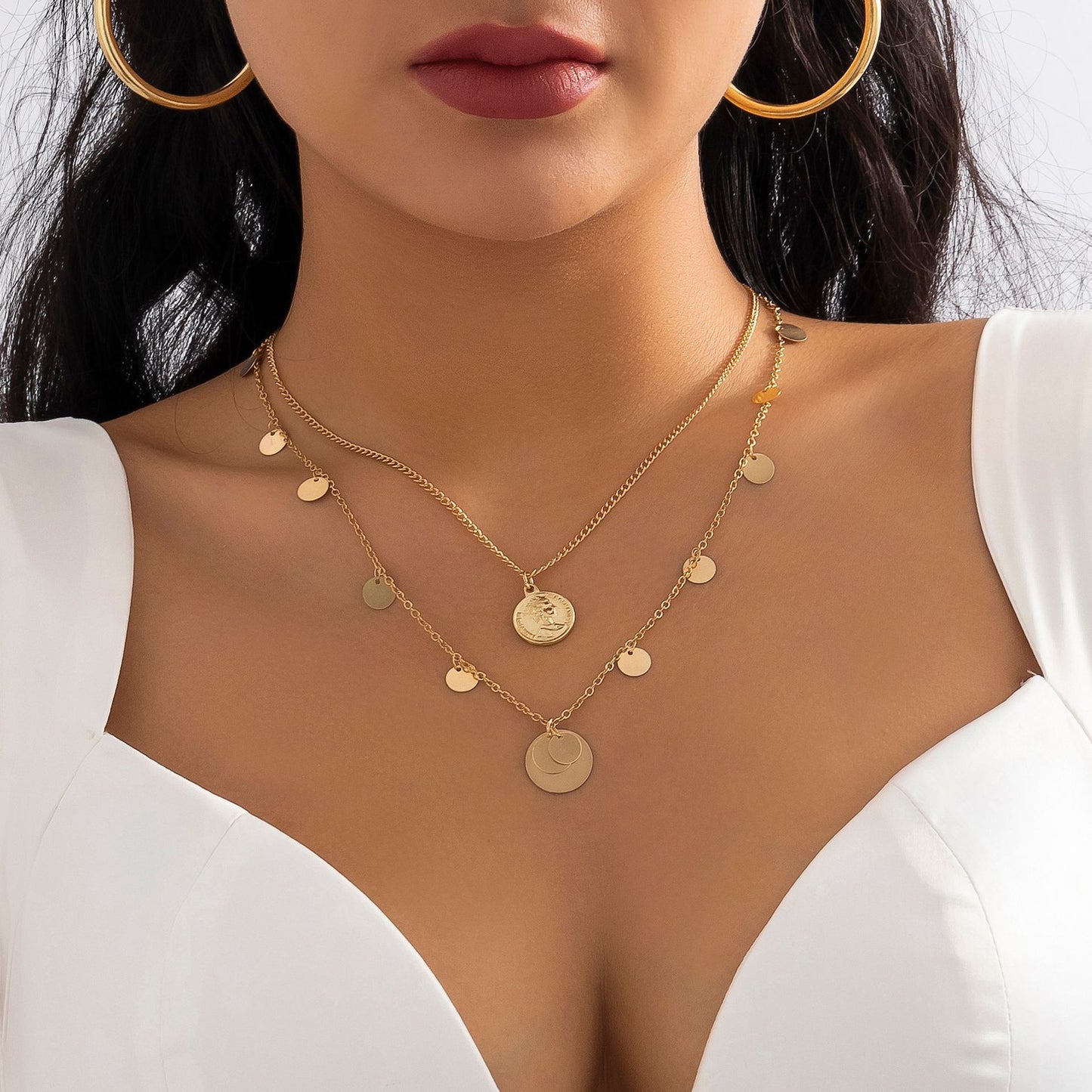 Jewelry Simple Metal Three-dimensional Geometric Necklace Retro Portrait Sequin Tassel Double Layer Necklace Female
