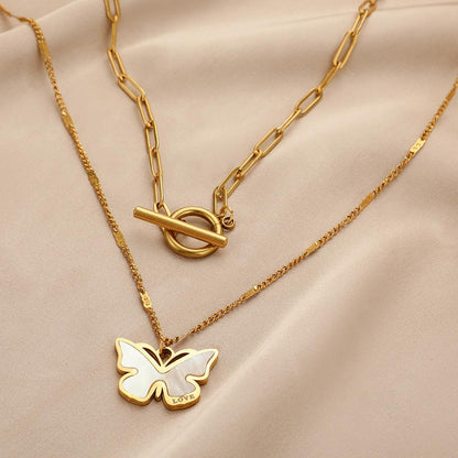 Fashion personality versatile stainless steel double shell butterfly OT buckle necklace female clavicle chain