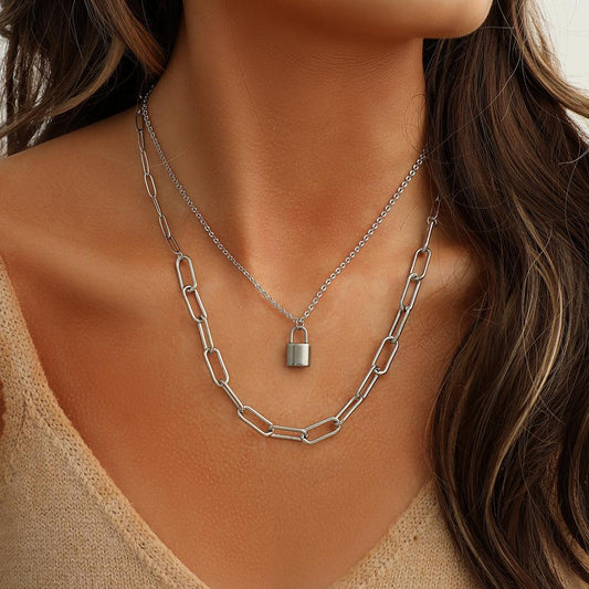 Fashionable and simple double-layer stacked stitching neutral cold stainless steel lock necklace