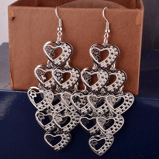 Long Hollow Heart Shape Metal String Earrings Fashion Rhombus Sequin Earrings