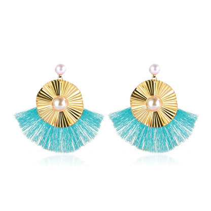 Exaggerated Metal Tassel Earrings Bohemian Fan-shaped Irregular Earrings Retro Geometric Pearl Earrings