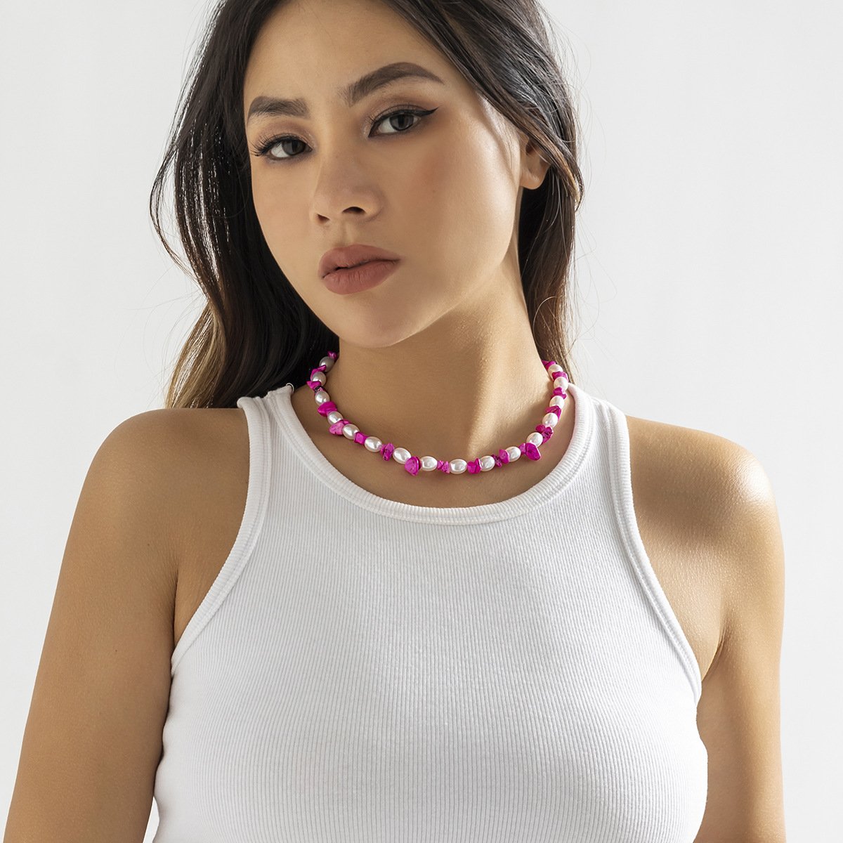 Jewelry ethnic niche imitation pearl simple necklace retro color beaded turquoise clavicle chain