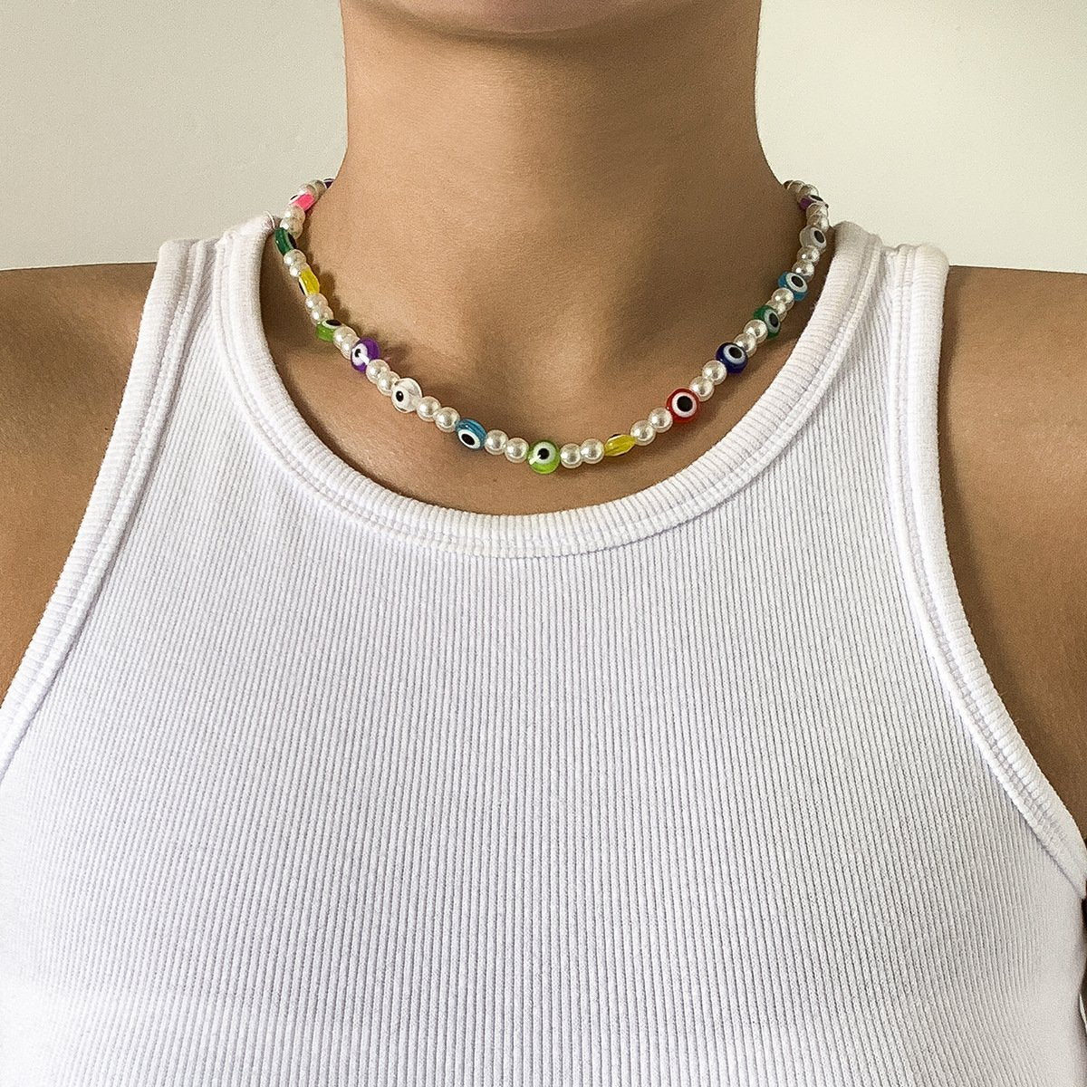 Jewelry personality eyes mix and match color single-layer necklace creative geometric imitation pearl necklace female