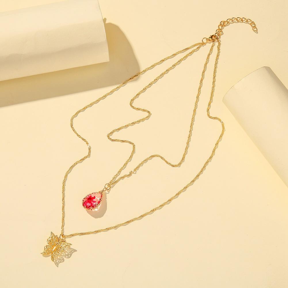 Fashion Water Drop Resin Transparent Crystal Dried Flower Pendant Super Fairy Hollow Butterfly Double Layer Clavicle Necklace For Women
