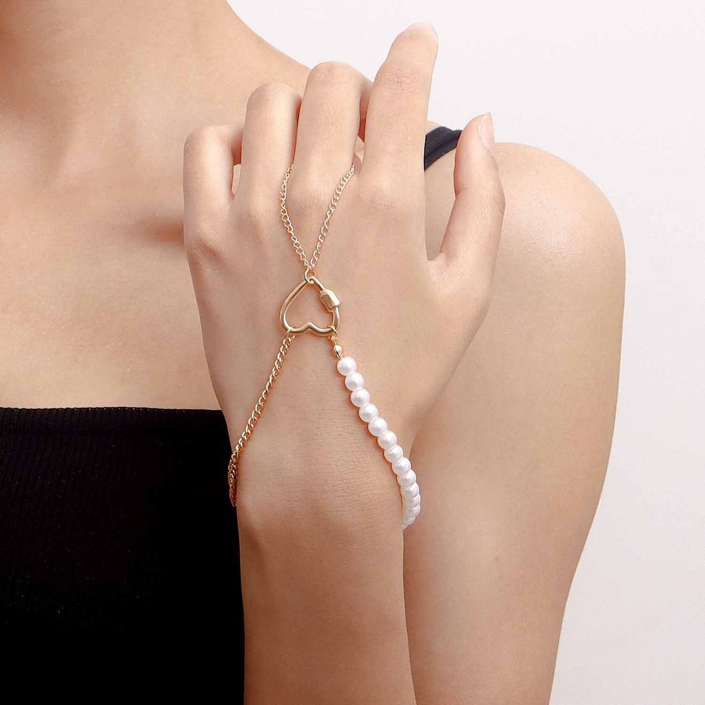 Explosive ins punk love imitation pearl bracelet exaggerated personality metal finger chain bracelet for women