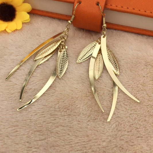 Fashion Indian Check Willow Leaf Tassel Earrings Metal Earrings For Women