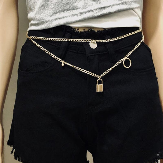 Lock Ring Waist Chain Multilayer Bead Pendant Body Chain Women Retro Sexy Punk Metal Waist Chain