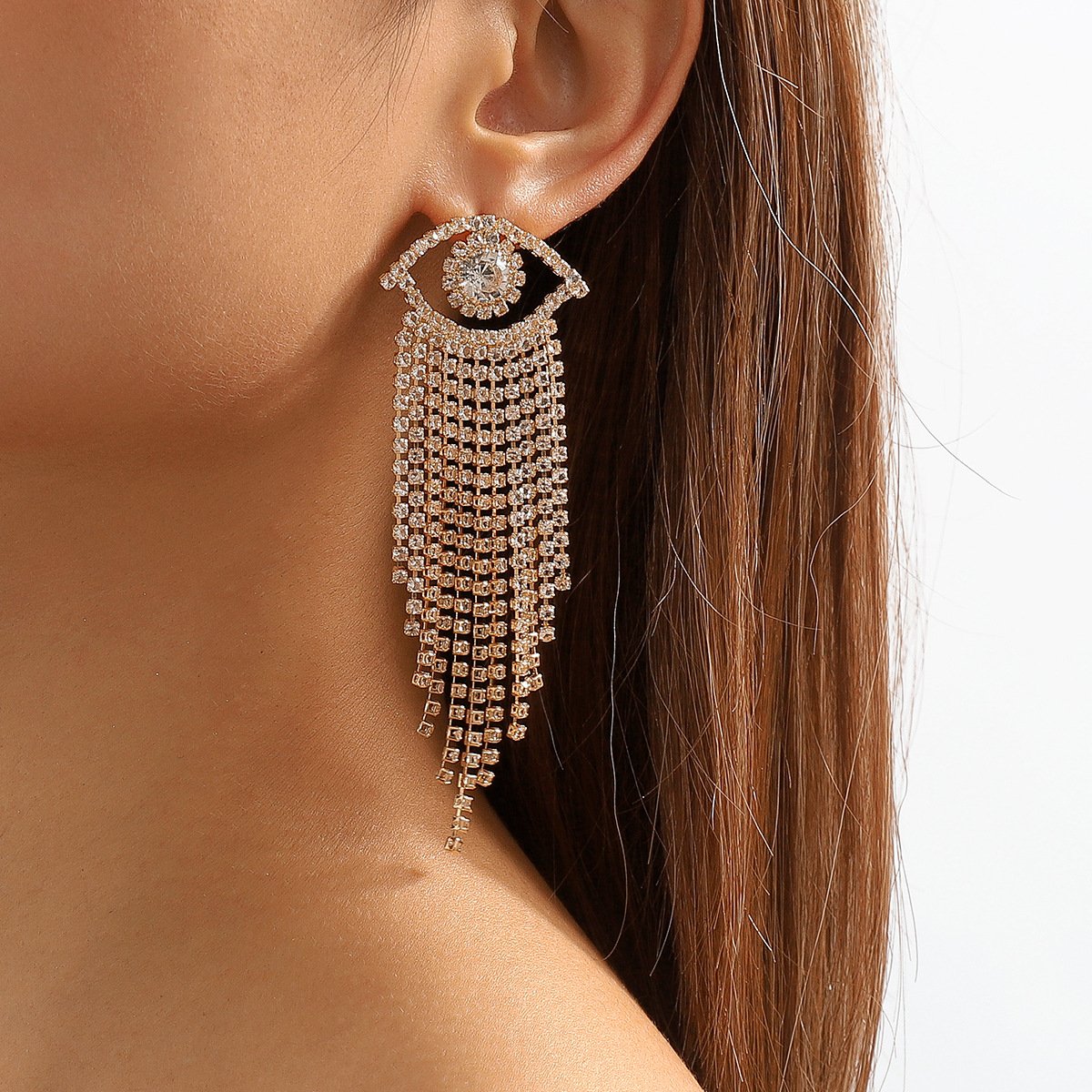 E1978 Long Exaggerated Geometric Tassel Rhinestone Earrings Creative Angel Eye Rhinestone Personality Earrings