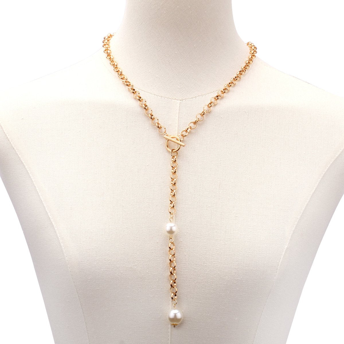 Fashion Pearl Long Pendant Necklace Ladies Punk OT Buckle Metal Chain Pearl Necklace