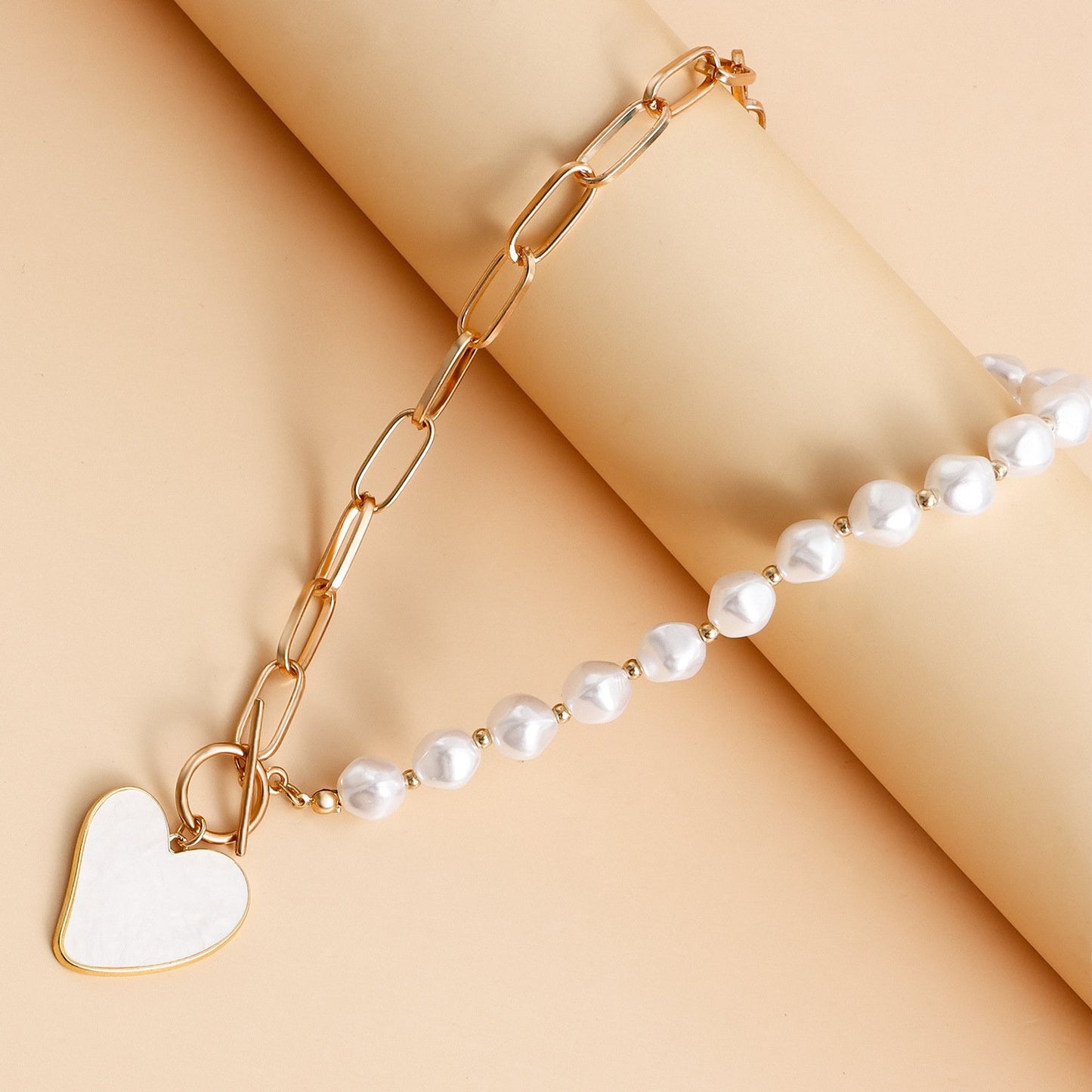 Jewelry Trendy Stitching Chain Geometric Rhombus Pearl Heart Fritillary Pendant Necklace Female Sweater Chain