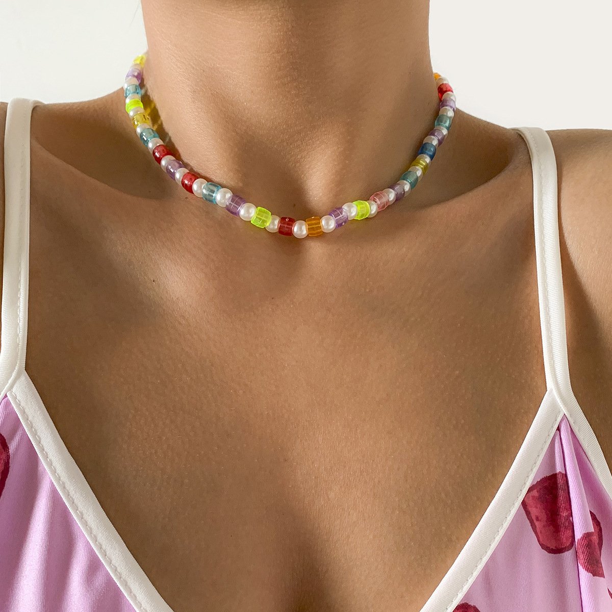 Jewelry Sweet Cool Colorful Transparent Bead Necklace Feminine Simple Imitation Pearl Beaded Necklace