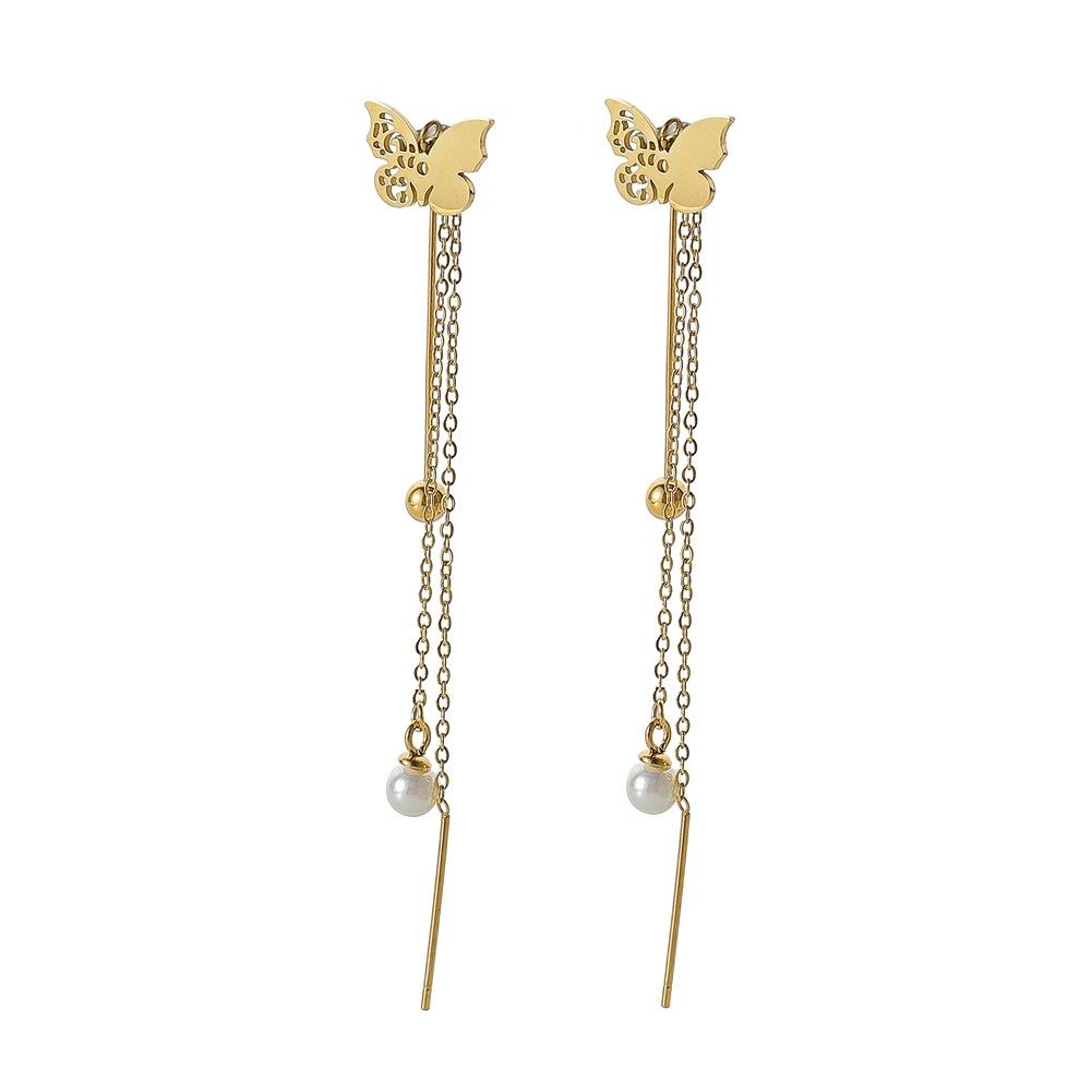 Stainless steel gold-plated color-preserving hollowed-out butterfly pearl ear wire elegant tassel ladies titanium steel gold bead earrings