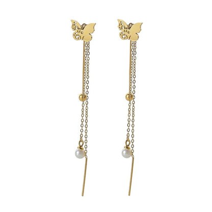 Stainless steel gold-plated color-preserving hollowed-out butterfly pearl ear wire elegant tassel ladies titanium steel gold bead earrings