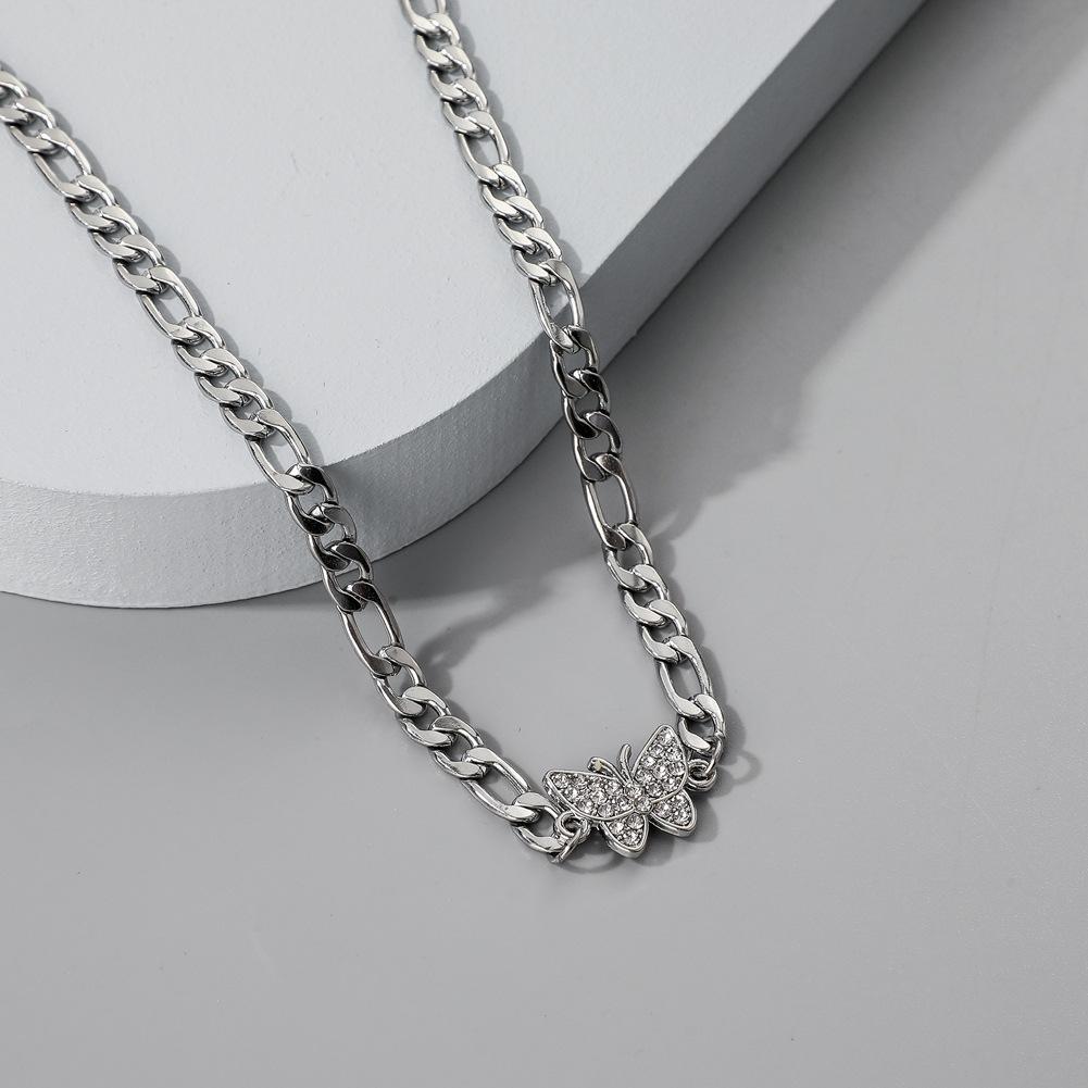 Full diamond stainless steel non-fading butterfly necklace cold titanium steel necklace net red collarbone chain jewelry female