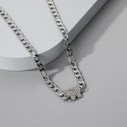 Full diamond stainless steel non-fading butterfly necklace cold titanium steel necklace net red collarbone chain jewelry female
