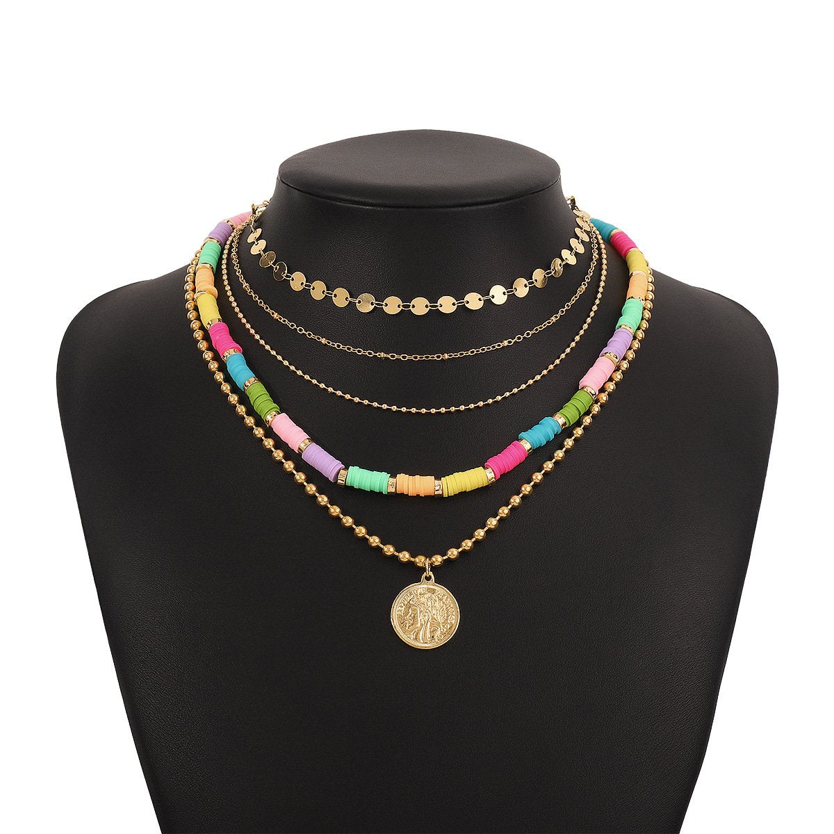 N1489 Bohemian ethnic soft pottery necklace colorful disc personality stacked holiday necklace