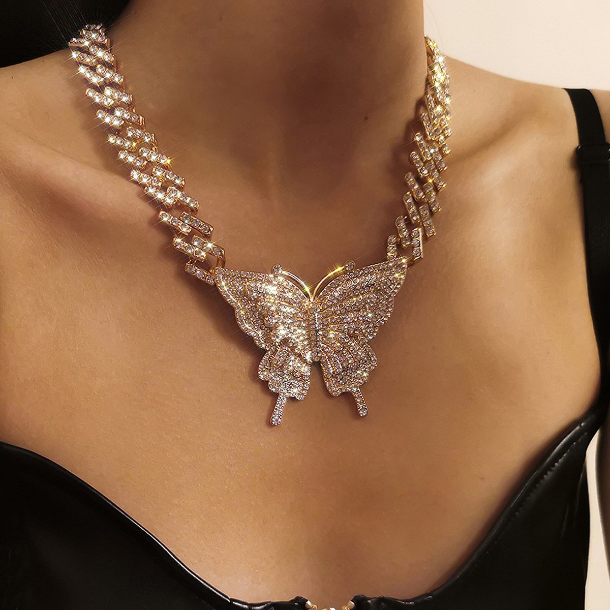 Jewelry Hip Hop Full Diamond Cuban Buckle Chain Necklace Punk Exaggerated Diamond Big Butterfly Necklace Female