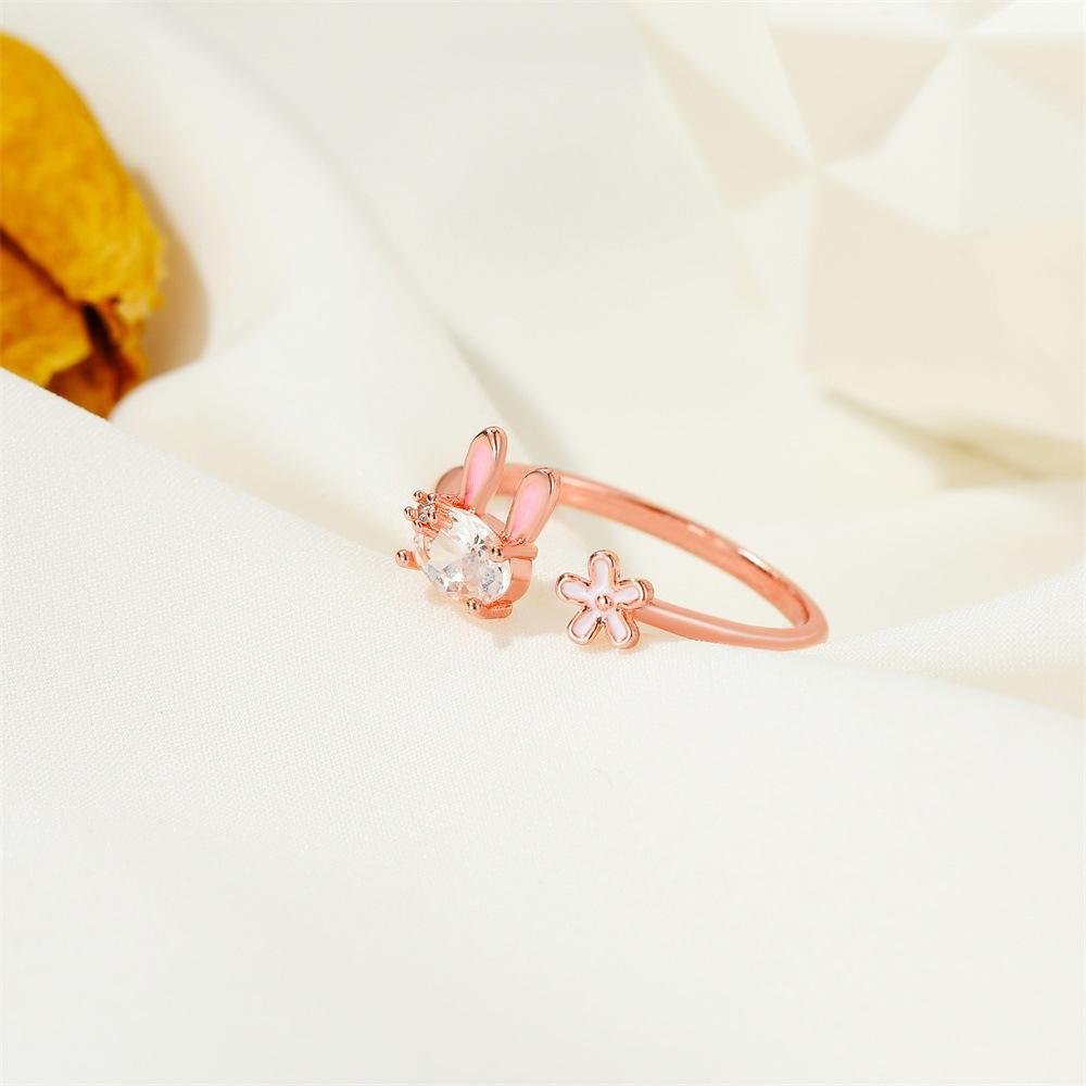 Cute little rabbit ring sweet girl heart flower index finger ring women's ins net red open ring